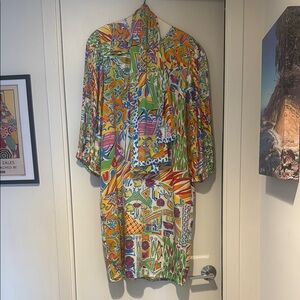 Vintage Diane Freis Colorful Abstract Print Dress with scarf
